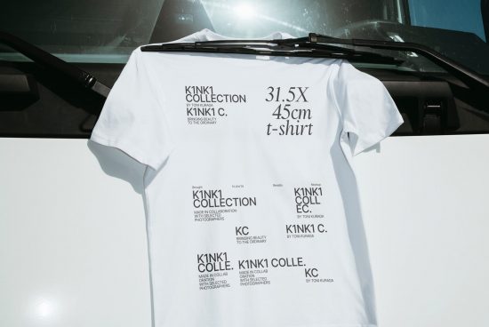 White t-shirt mockup on car hood for fashion design, showcasing crisp fabric, dimensions and minimalist branding. Ideal for apparel templates.