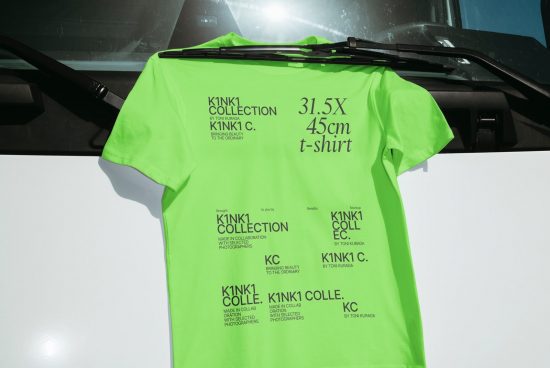 Bright green t-shirt mockup with black text design displayed on a car windshield, highlighting apparel design and presentation for designers.