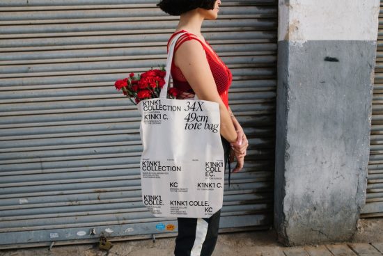 Woman with trendy tote bag mockup and red flowers, urban background, perfect for designers to showcase bag designs or branding.