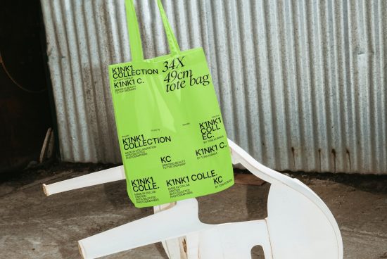 Bright green tote bag mockup from KINK1 COLLECTION hanging on modern white chair with industrial background for graphic designers.