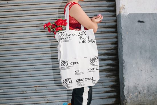Woman holding tote bag with textual design, against metal shutter, urban mockup for fashion accessories, red flowers, designers market.