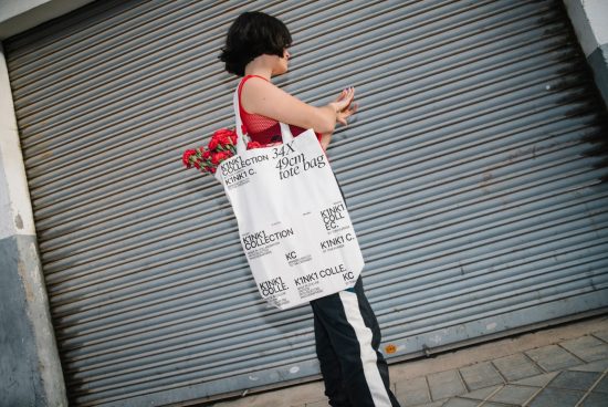 Woman in casual attire carrying a flower-filled printed tote bag, showcasing urban street style mockup for fashion accessories designers.