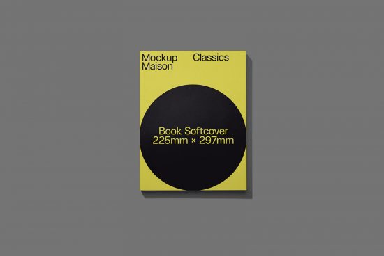 Editable book softcover mockup in yellow and black with clean design, ideal for designers to showcase their work. Dimensions 225mm x 297mm displayed.