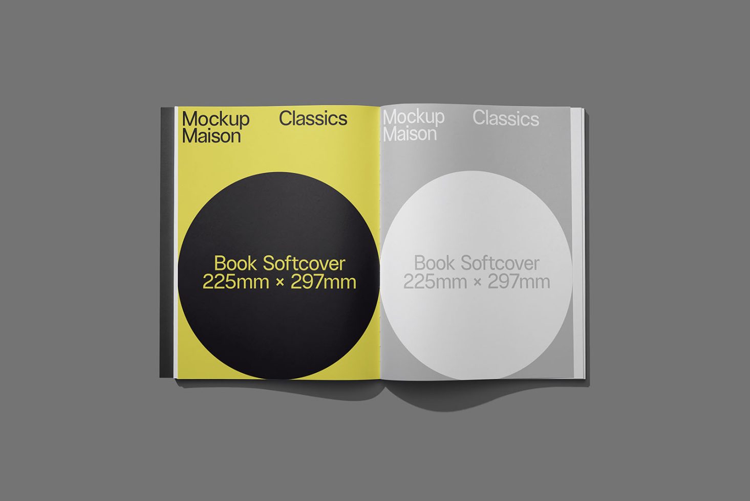 Professional book mockup in yellow and grey with customizable cover for presentation, 225mm x 297mm, perfect for designers' portfolio displays.