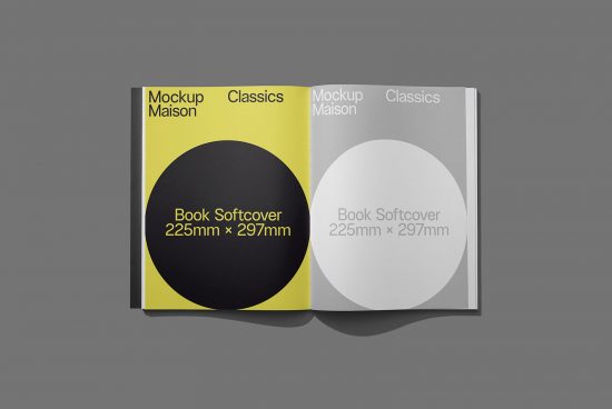 Professional book mockup in yellow and grey with customizable cover for presentation, 225mm x 297mm, perfect for designers' portfolio displays.