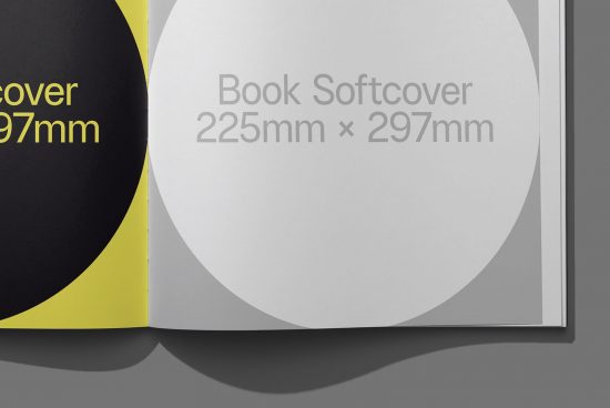 Professional book mockup showing cover and spine for presentation, yellow and black design, dimensions 225mm x 297mm, ideal for showcasing book designs.
