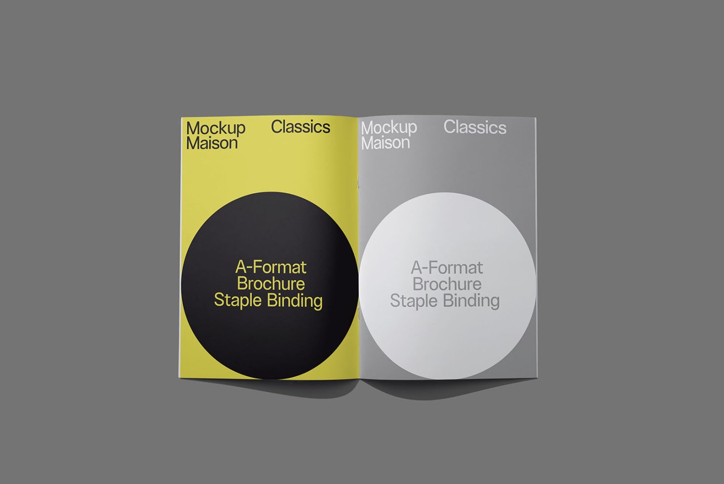 Modern brochure mockup in yellow and grey showcasing A-Format with staple binding, ideal for designer presentations and portfolio displays.