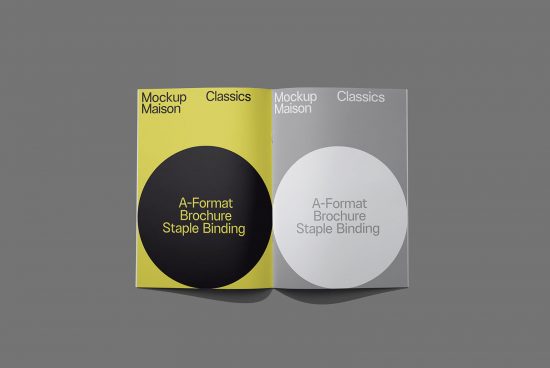 Modern brochure mockup in yellow and grey showcasing A-Format with staple binding, ideal for designer presentations and portfolio displays.