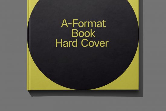 A-Format book mockup with hard cover design, minimalist yellow and black, lying on gray background for graphic designers.