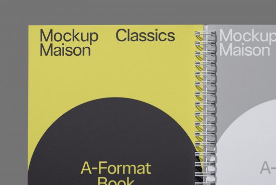Professional spiral bound A-Format book mockup with yellow and gray cover design, sleek presentation in high resolution for digital assets.