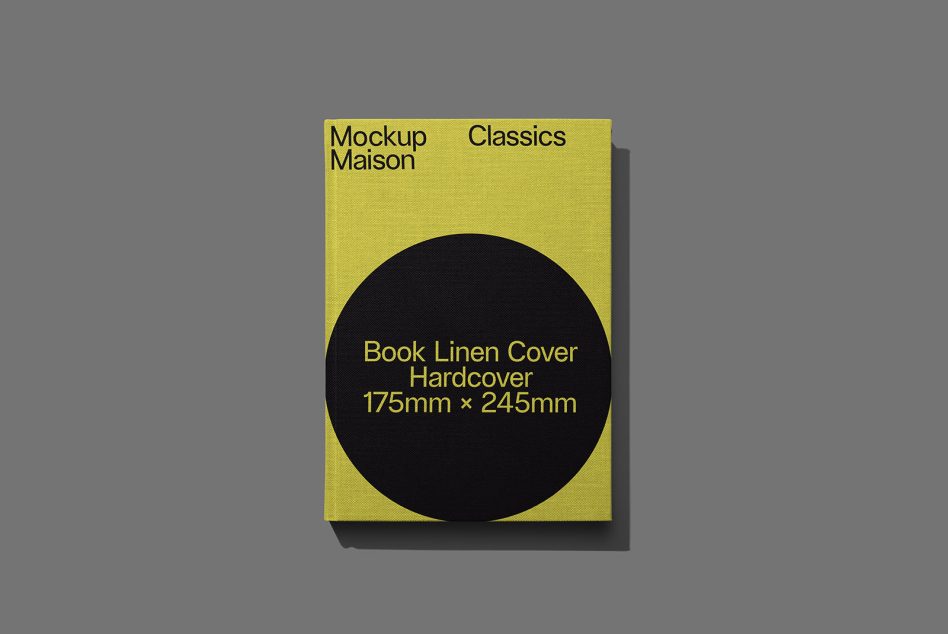 Yellow linen cover book mockup with black circle design on grey background, showcasing dimensions 175mm x 245mm, for graphic designers.