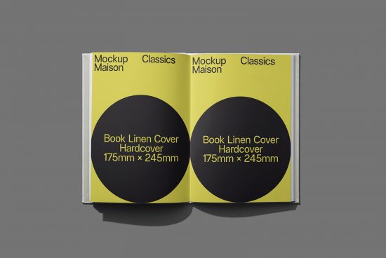 Yellow and black book hardcover mockup with linen texture design, open and standing on grey background, suitable for graphic designers.