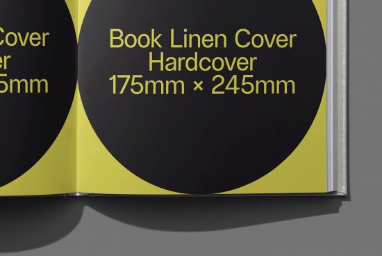 Mockup of an open hardcover book with linen cover, showcasing dimensions 175mm by 245mm, ideal for designers' presentations.