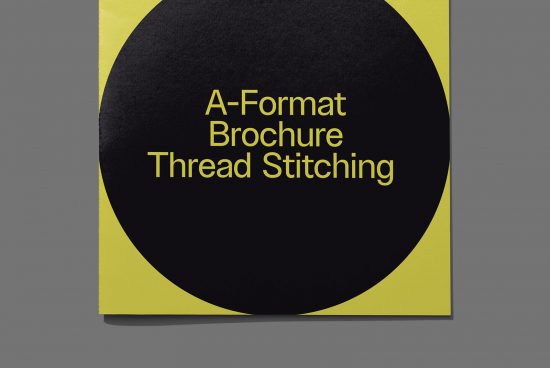 Modern A-Format brochure mockup with thread stitching, yellow and black design print template, graphic design digital asset for designers.
