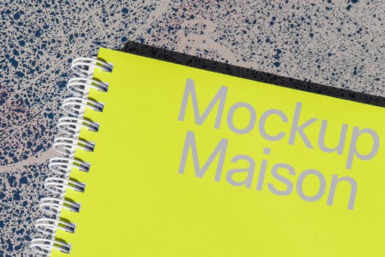 Bright yellow notebook mockup with stylish modern typography on speckled background for branding and design presentations.