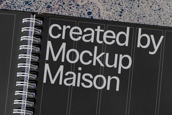 Close-up view of a professional notebook mockup with detailed spiral binding and typographic design, ideal for showcasing branding graphics.
