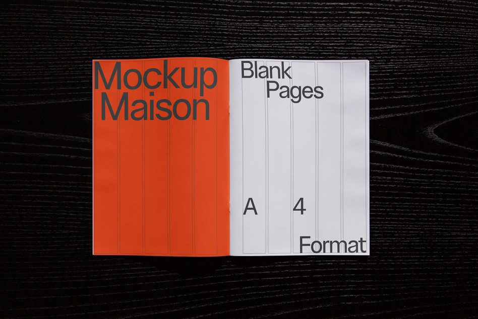 Open brochure mockup with orange left cover, blank white pages labeled A4 Format