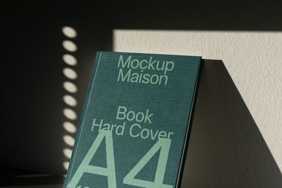 Hardcover book mockup in natural light with shadows, ideal for design presentations, book cover display, A4 format.