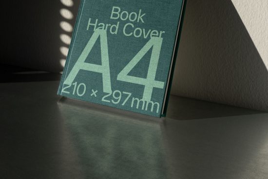 Mockup of an A4 hardcover book standing on a surface with shadows, ideal for book design presentations and portfolio displays.
