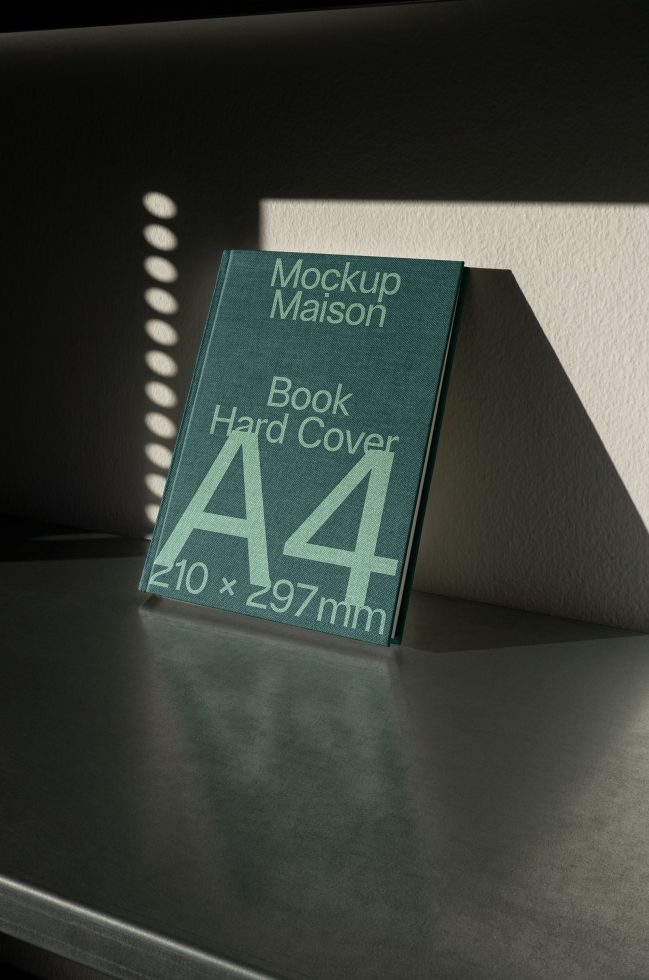 A4 Hard Cover Book Mockup on a dark surface with unique lighting suitable for showcasing book designs and cover layouts.