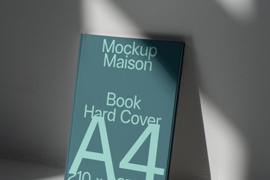 Realistic hardcover book mockup with natural shadows, perfect for designers to showcase designs, editable PSD, professional A4 template.