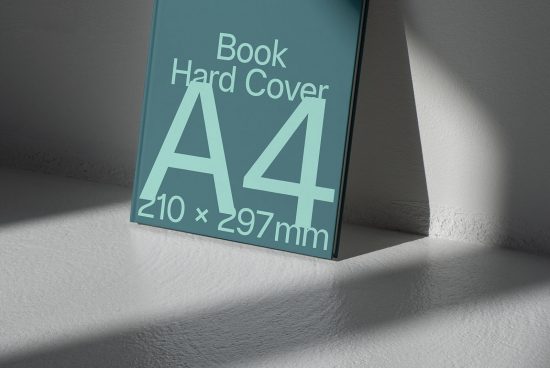 A4 size hardcover book mockup leaning on wall with playful shadows, ideal for presenting cover designs and graphic templates in a realistic setting.