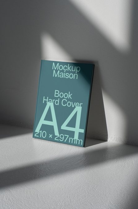 Realistic A4 hardcover book mockup with shadow overlay, standing on a textured surface, ideal for book design presentations and portfolios.