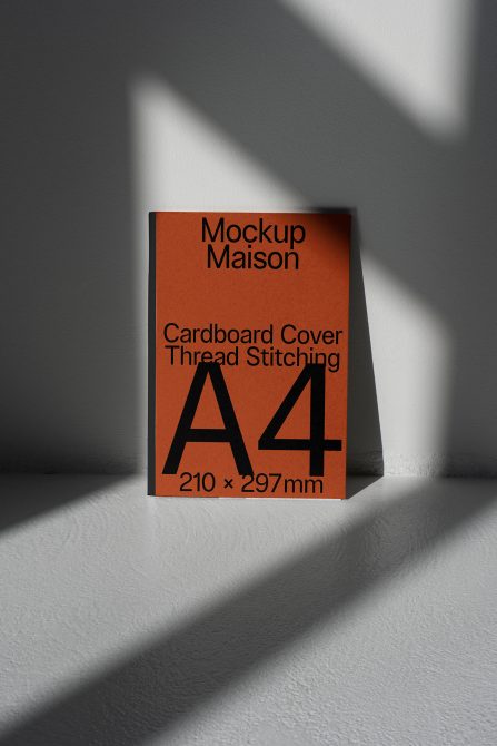 A4 magazine mockup with orange cover casting shadow on a textured surface, ideal for presenting design work.