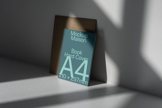 Book mockup standing against a wall with distinct shadows, showcasing editable cover in A4 size for designers and publishers.
