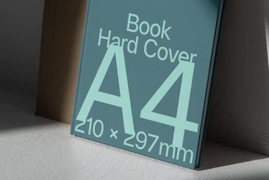 A4 size hardcover book mockup leaning against wall in natural light for realistic presentation, suitable for cover design displays.