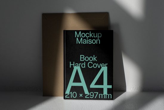 A4 hardcover book mockup with realistic shadows, ideal for showcasing cover designs, placed against a textured backdrop suitable for graphic designers.