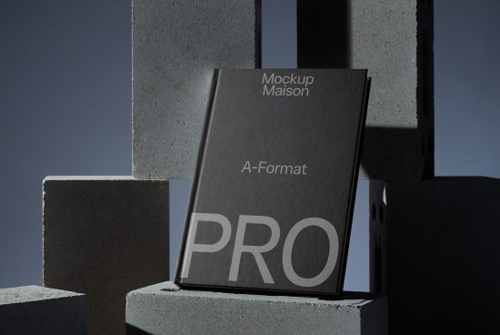 Elegant book cover mockup on concrete blocks with shadows, showcasing design space for branding, professional presentation for graphic designers.