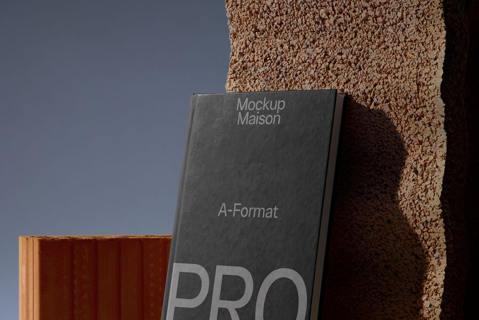 Mockup Maison book cover leaning against rough concrete with textured wall