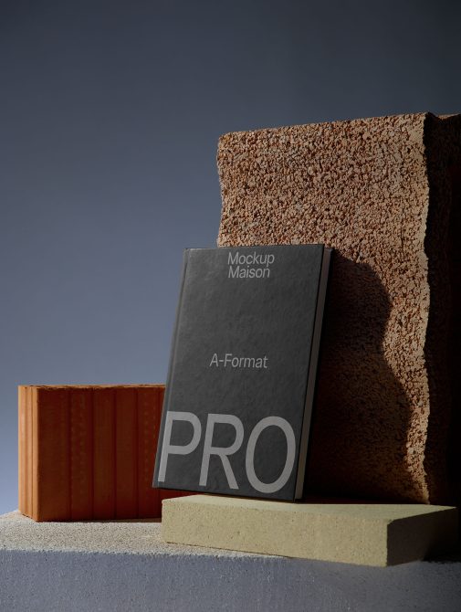 Dark hardcover book with PRO text surrounded by orange wood, concrete, clay blocks