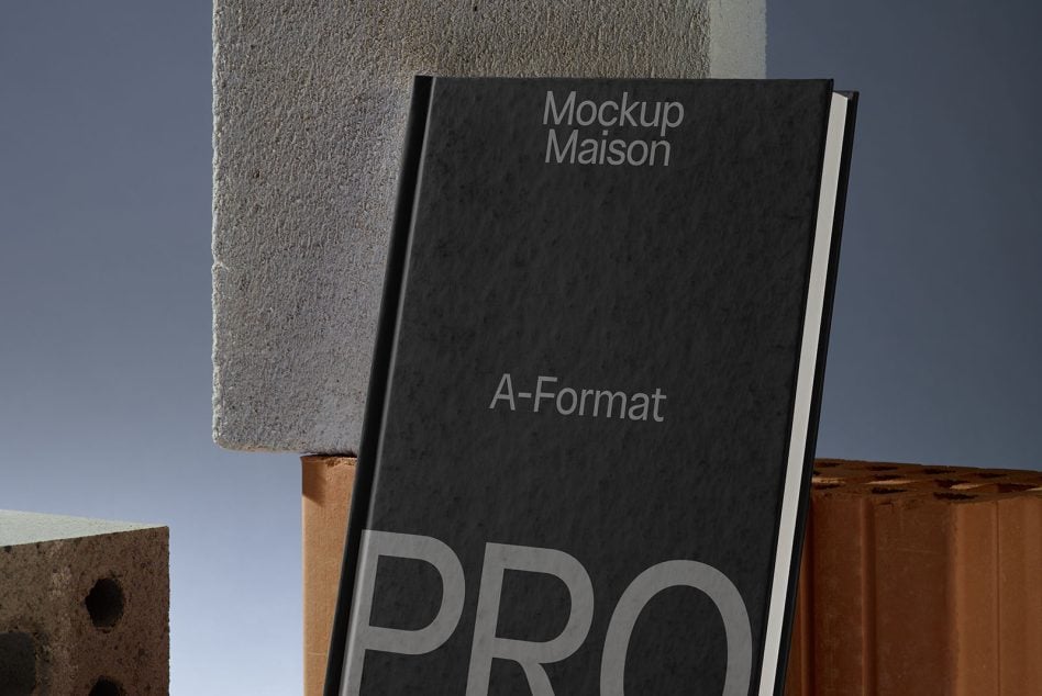 Hardcover book with PRO text leaning against architectural material backdrop