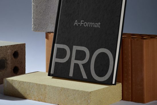 A-Format poster with bold PRO text mockup displayed on bricks for graphic designers to showcase typography and designs.