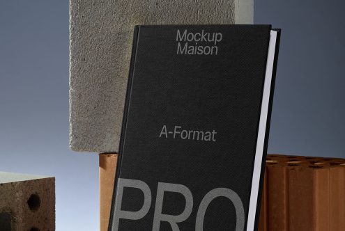 Professional book mockup in A-format standing against concrete and brick, design asset for realistic presentation, suitable for graphic portfolio display.