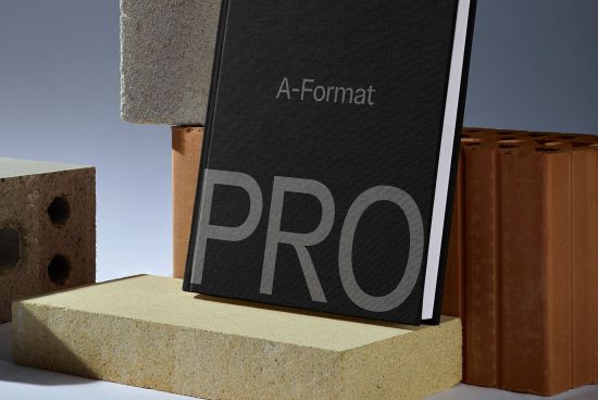 Professional book mockup with bold typography, supported by building material blocks for creative presentation in design projects.