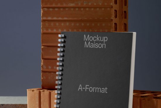 Spiral notebook mockup with dark cover leaning on a brick for graphic designers, showcasing modern presentation and branding.