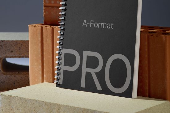 ALT: Spiral-bound notebook mockup with 'PRO' cover design, placed on a stone pedestal against a brick backdrop, showcasing product design potential.