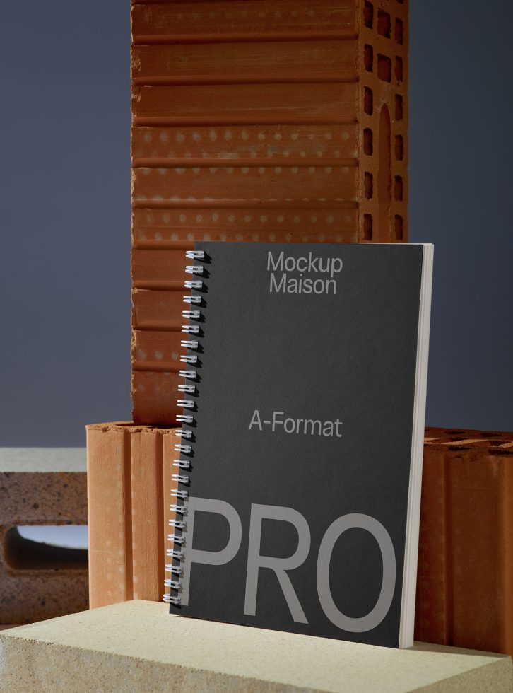 Spiral notebook mockup standing against bricks for graphic design presentations, showcasing a professional, clean template with bold typography.