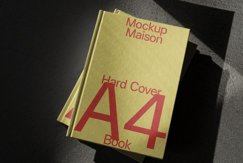 Yellow hardcover A4 book mockup with realistic shadows for presentation and portfolio design, suitable for graphics and templates.