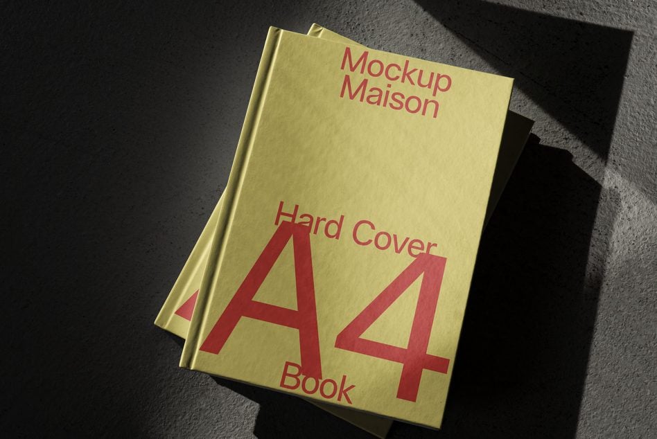 Two stacked yellow A4 books with red typography on gray textured floor
