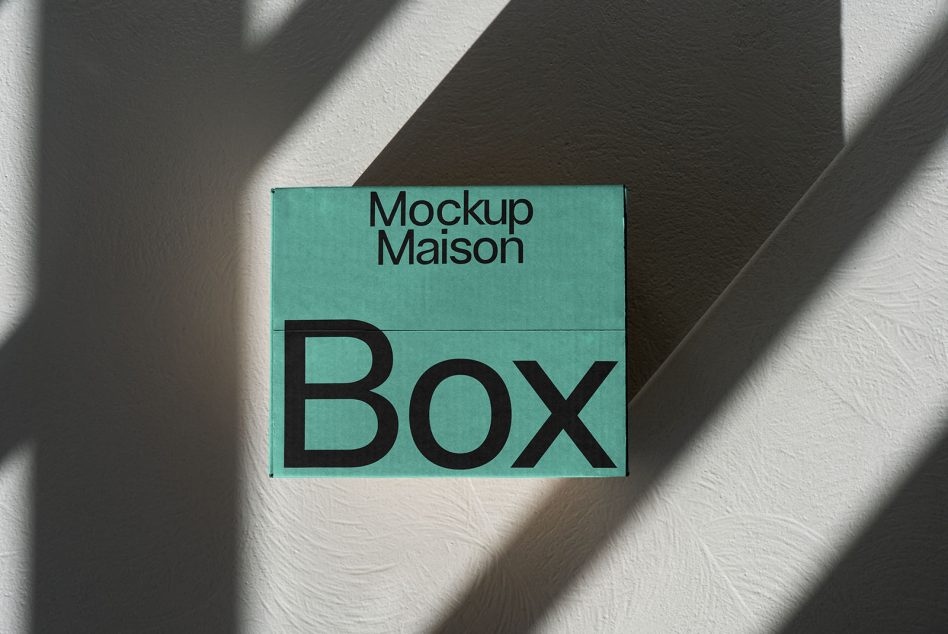 Product mockup of a teal box with bold typography in sunlight and shadow play, ideal asset for graphic design presentations.