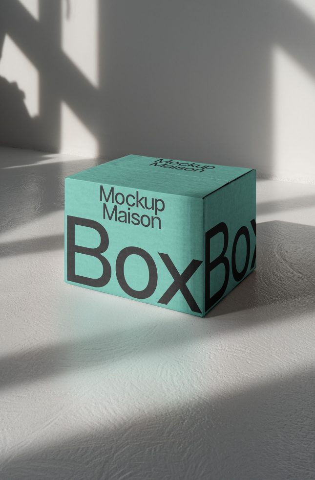 Modern product packaging mockup featuring a teal box with bold typography under natural light with dynamic shadows, ideal for presentations and portfolios.