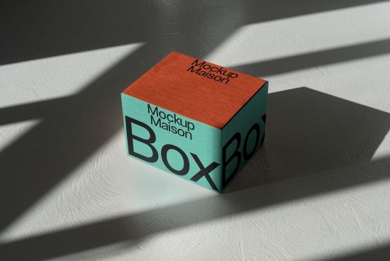 High-quality box mockup with shadows for product design, situated in a sunlit scene ideal for graphic presentations and branding.