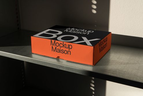 Elegant packaging box mockup on a shelf with natural shadows, ideal for product branding presentations and design showcase.