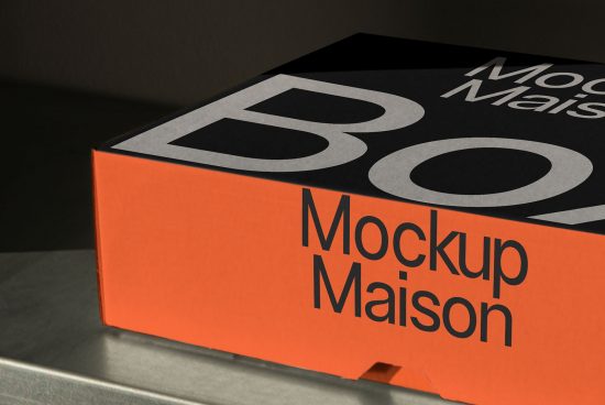 Orange and black box with bold typography design, product packaging mockup for presentation, graphic design resource.