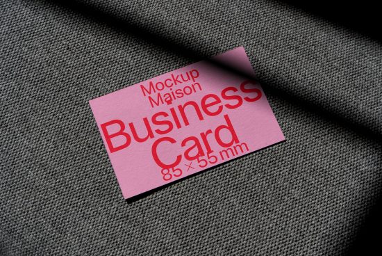 Business card mockup on fabric texture, showcasing professional design layout in pink color with visible dimensions for designers.