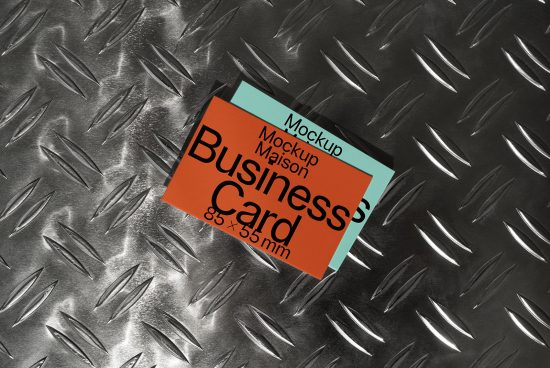 Professional business card mockup on metal diamond plate texture, design resource for graphic designers, editable PSD.